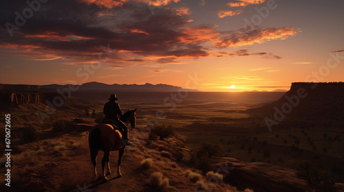 American Cowboy sitting on horseback at sunset illustration, AI Generated.