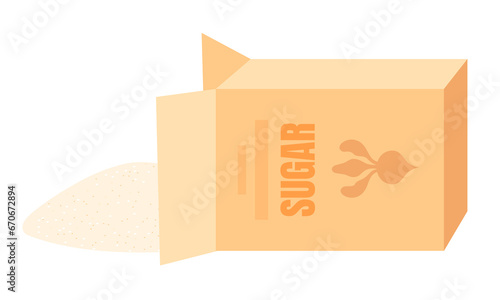White beet sugar in opened packaging. White beet sugar cartoon vector illustration isolated on white background. Scattered white sugar.