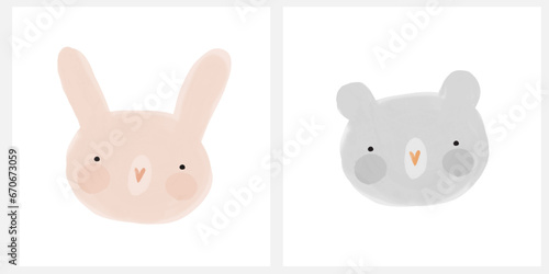 Cute Hand Drawn Bear and Rabbit. Watercolor Painting-Like Head of Teddy Bear and Bunny Toy on a White Background. Doodle Style Funny Freehand Baby Bear. Funny Bunny. Woodland Animal. Wild Thing. RGB.