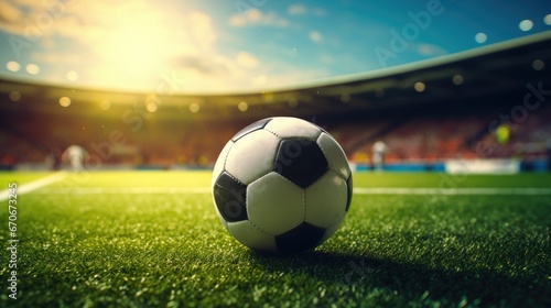 Experience the intense atmosphere of a soccer match with a close-up view of the soccer ball on the vibrant football stadium grass. Ideal for capturing the excitement of sports events. © pvl0707