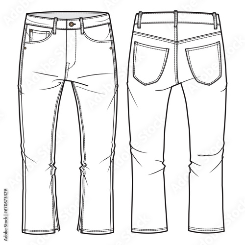 Men's denim jeans trouser pants front and back view flat sketch fashion illustration, five pockets boot cut denim pants vector template