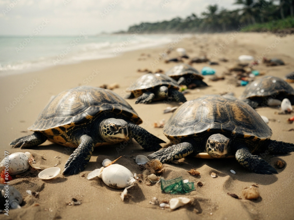 turtles on a dirty beach full of trash