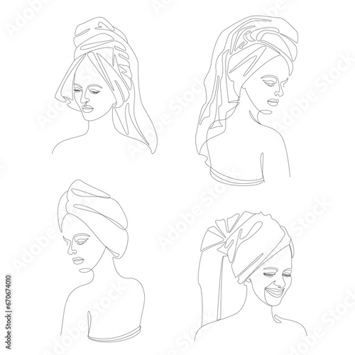 Collection. Silhouettes of a girl's head in a turban, a scarf, a towel. Woman face in modern one line style. Solid line, outline for decor, posters, stickers, logo. Vector illustration set.