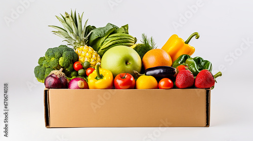 Box full of food in concept delivery and donation box. Cardboard box full of colorful fresh vegetables, fruits and other foodstuffs on white background. No people. Close-up. Copy space. photo