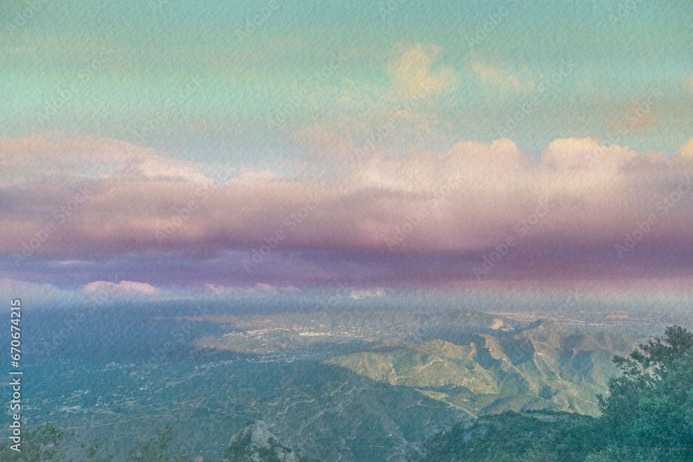 Evening mountains in the clouds. Layered clipart. Collage, watercolor background and photography.