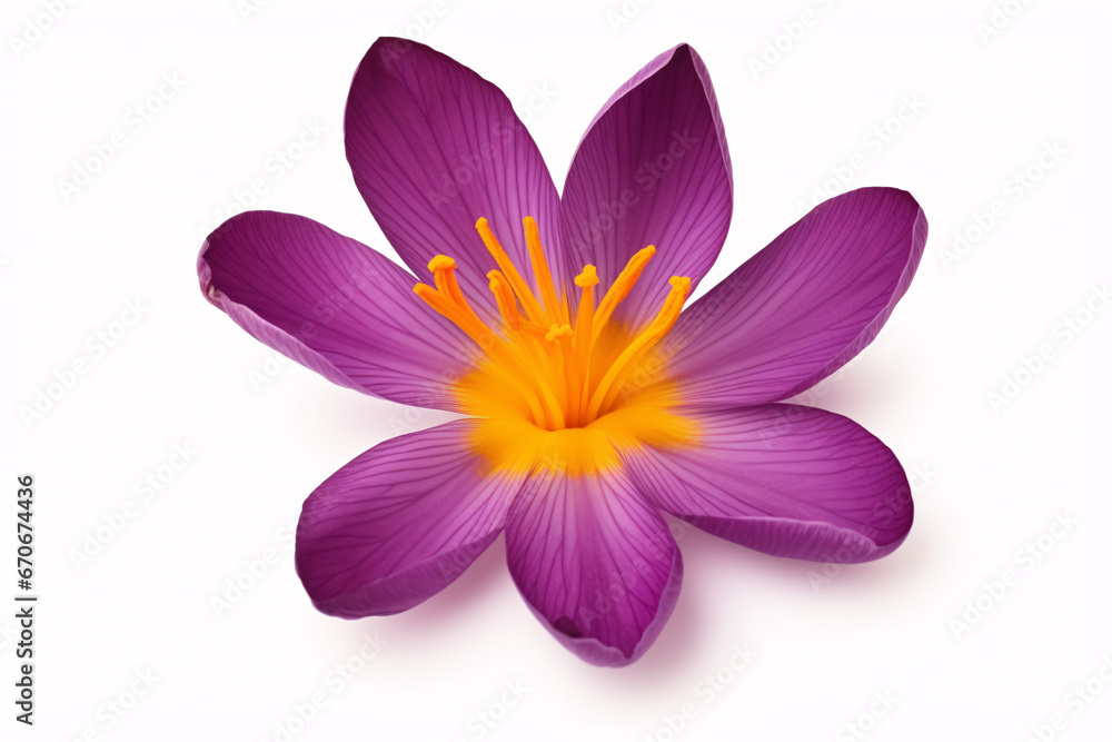 A Crocus sativus blossom of saffron, segregated on a white vista. A Crocus sativus blossom of saffron, segregated on a white vista.