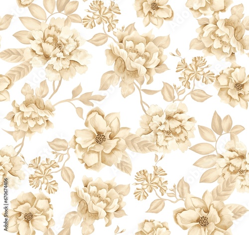 Watercolor flowers pattern, golden tropical elements, leaves, white background, seamless