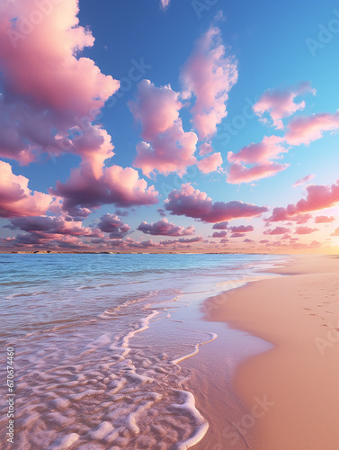 Abstract blurred sunset sunrise sky and ocean nature background, pastel pink beach sand clear blue ocean water; Pink and blue gradient colors; ocean wave summer concept; love and romantic
