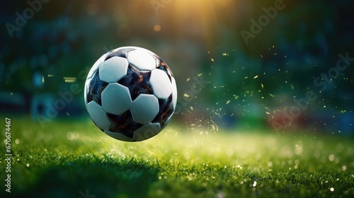 Experience the intense atmosphere of a soccer match with a close-up view of the soccer ball on the vibrant football stadium grass. Ideal for capturing the excitement of sports events.