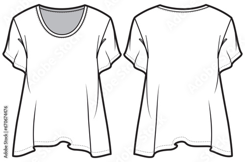 Women's Butterfly sleeve Crew neck T Shirt flat sketch fashion illustration drawing template mock up with front and back view