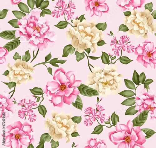 Watercolor flowers pattern, pink and yellow tropical elements, green leaves, pink background, seamless © Leticia Back