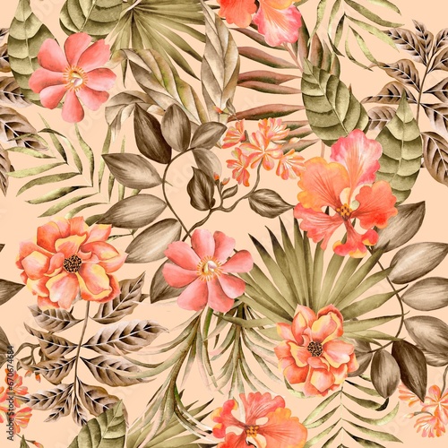 Watercolor leaves and flowers pattern, brown foliage, orange flowers, yellow background, seamless