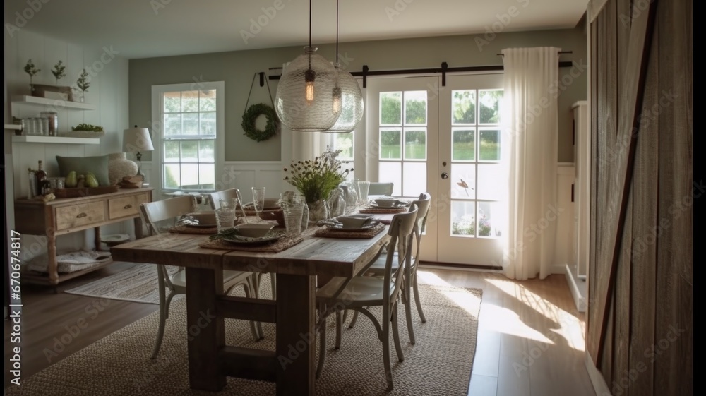 Interior design inspiration of Modern Farmhouse Country style home dining room loveliness decorated with Reclaimed Wood and Linen material and Barn Door .Generative AI home interior design .