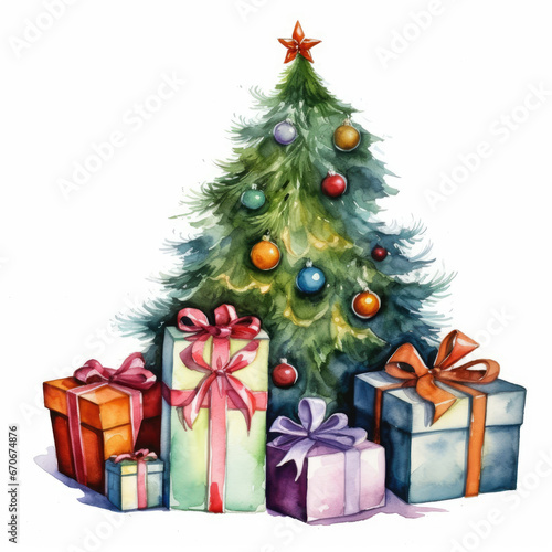 Watercolour Christmas tree with presents on an isolated white background