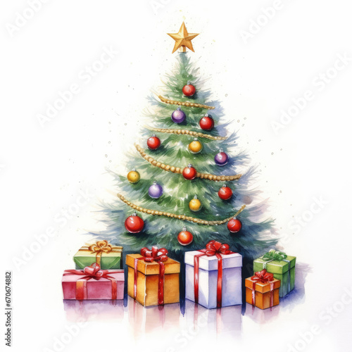 Watercolour Christmas tree with presents on an isolated white background