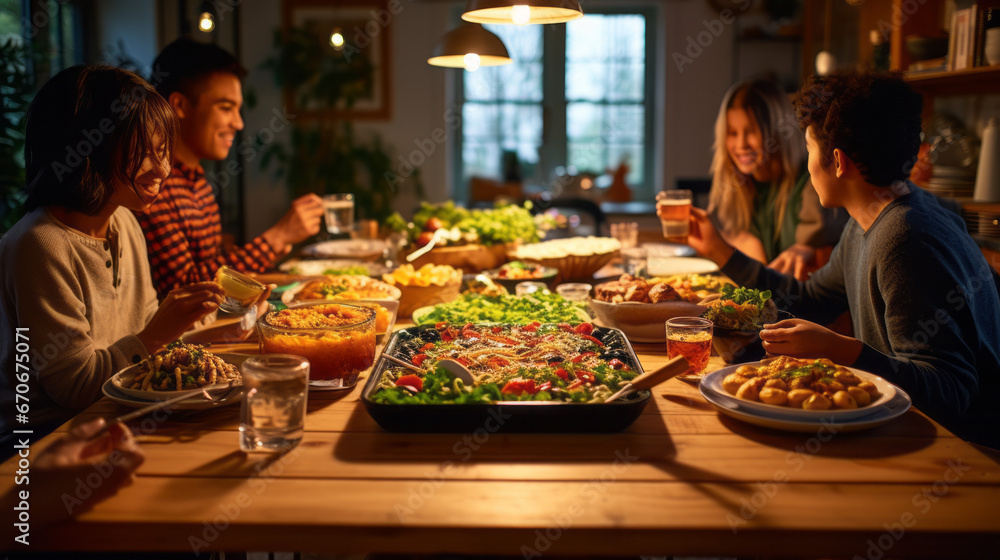 Joyful family gathered around a festively decorated dining table, sharing a Thanksgiving feast