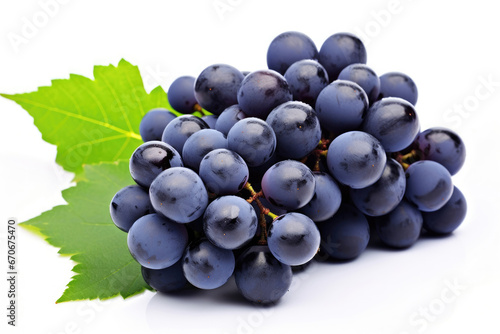 Bunch of dark blue grapes on white