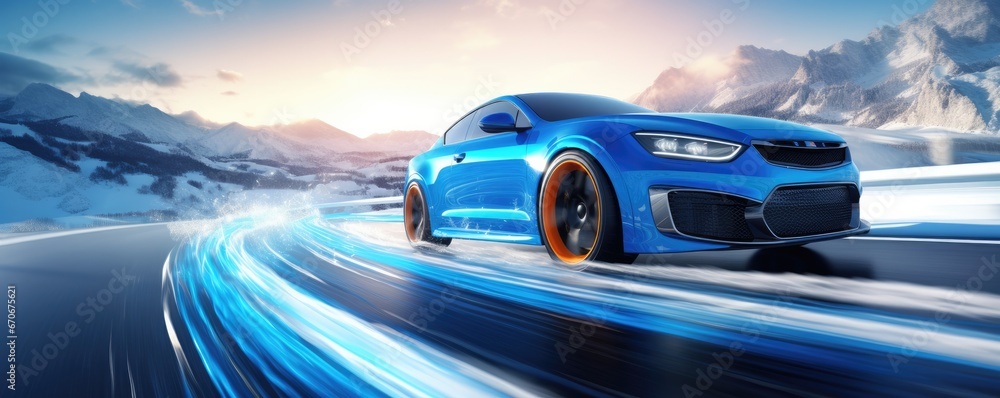 Luxury winter sports car tires near snowy road high in mountains, panorama. Generatve Ai Luxury winter sports car tires near snowy road high in mountains, panorama. Generatve Ai