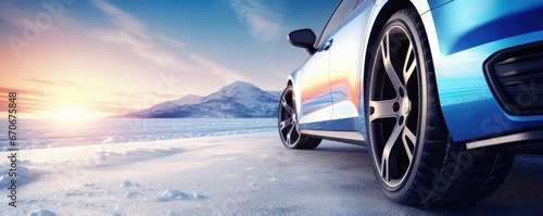 Luxury winter sports car tires near snowy road high in mountains, panorama. Generatve Ai © annamaria