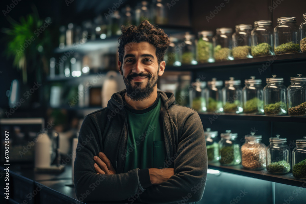 Smiling owner of cannabis dispensary or coffee shop - obrazy, fototapety, plakaty 