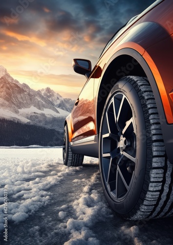 Luxury winter sports car tires near snowy road high in mountains. Generatve Ai © annamaria