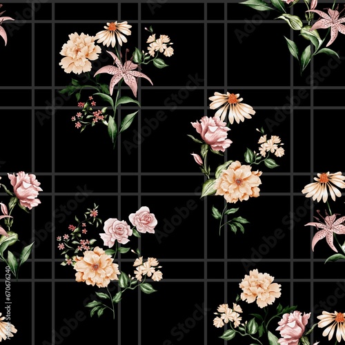 Watercolor flowers pattern  golden tropical elements  green leaves  black stripes background  seamless