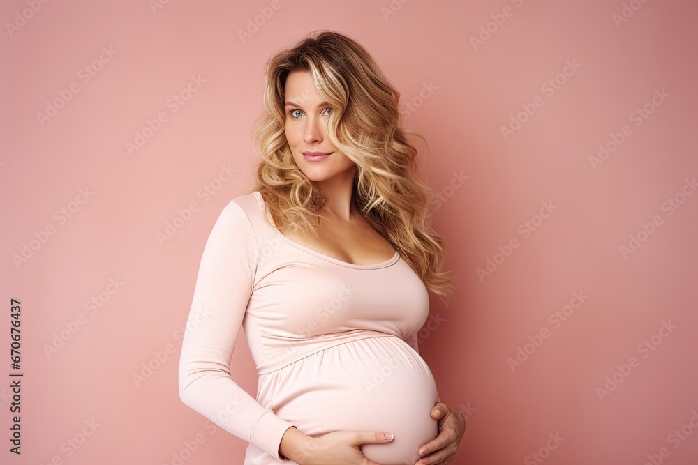 Happy and expectant mother in a pink dress radiating the beauty of pregnancy, love and anticipation. Happy and expectant mother in a pink dress radiating the beauty of pregnancy, love and anticipation.