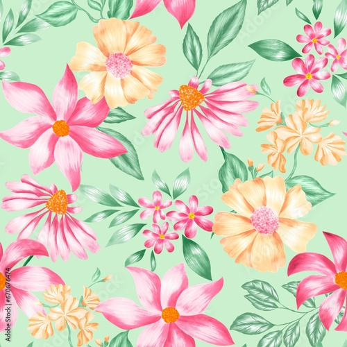 Watercolor flowers pattern  pink and yellow tropical elements  green leaves  green background  seamless