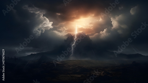 Leinwand Poster Holy cross symbolizing the death and resurrection of Jesus Christ with the sky over Golgotha Hill is shrouded in light and clouds