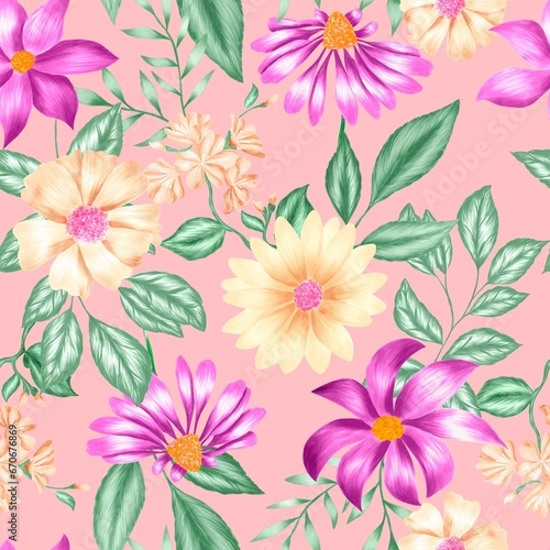 Watercolor flowers pattern  pink and yellow tropical elements  green leaves  pink background  seamless