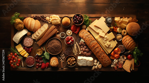 Bread and Grain and Carbohydrate food on the wood table with sun light for product presentation in top view. Created using generative AI.