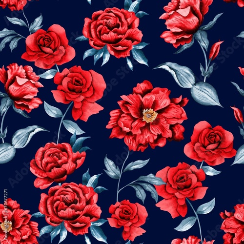 Fototapeta Naklejka Na Ścianę i Meble -  Watercolor flowers pattern, red roses, green leaves, navy blue background, seamless