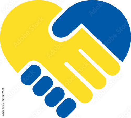 Flat icon of handshake of two hands in the colors of the Ukrainian flag as a concept of love or sympathy