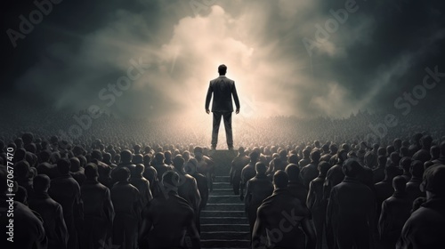 leadership conceptual image, a true born leader standing in front of the cheering crowd. beautiful Generative AI AIG32