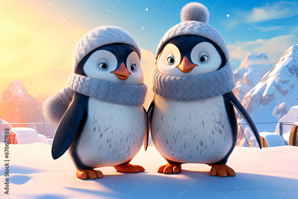 Fototapeta premium A couple of penguins, winter day. Christmas card. Generative AI