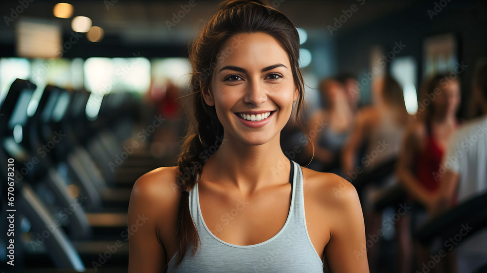 Active Lifestyle: Woman Radiating Joy While Posing for the Camera in a Dynamic Gym Setting, Encouraging Fitness Enthusiasts and Health-Conscious Individuals to Embrace Exercise and Wellness Active Lifestyle: Woman Radiating Joy While Posing for the Camera in a Dynamic Gym Setting, Encouraging Fitness Enthusiasts and Health-Conscious Individuals to Embrace Exercise and Wellness