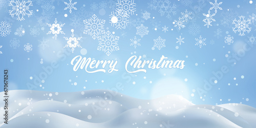 Festive Christmas natural snowy background with merry christmas text, abstract empty stage, snow, snowdrift and defocused Christmas lights on light blue background, copy space.