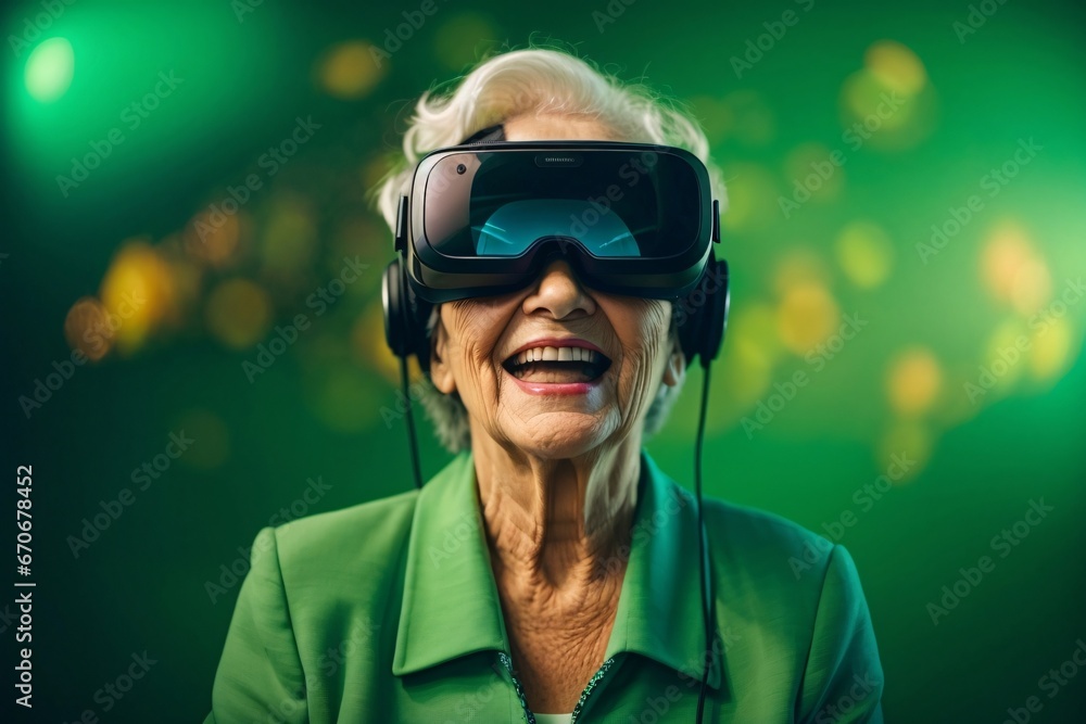 Elderly woman wearing VR headset, expressing wonder and joy. Presenting the excitement of technology and innovation in later life. Generative Ai. Elderly woman wearing VR headset, expressing wonder and joy. Presenting the excitement of technology and innovation in later life. Generative Ai.