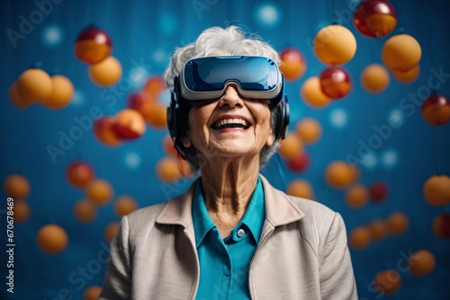 Elderly woman wearing VR headset, expressing wonder and joy. Presenting the excitement of technology and innovation in later life. Generative Ai.