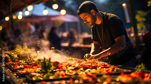 Man at a festival preparing food at the even