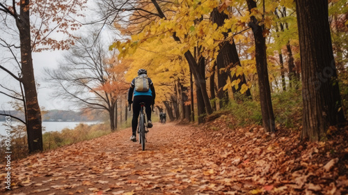 Cyclist joyfully riding down an autumn trail, surrounded by the falling leaves of the season