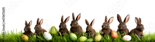 bannière web avec herbe, lapins et oeufs de pâques sur un fond transparent