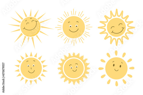 Cute collection of character suns. Set of icons in hand drawn style. Icons, stickers. Vector