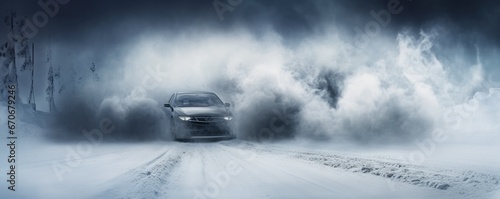 Drifting car on snowy wet road with skid, car accident, fire, banner panorama. Generative Ai. photo