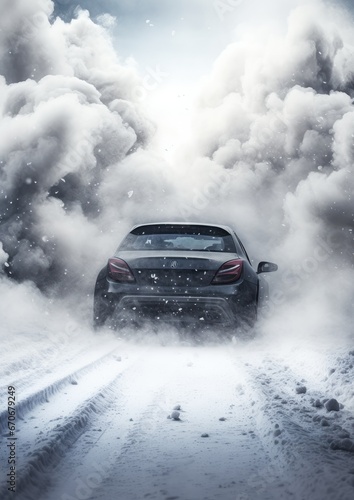 Drifting fast sports car on snowy wet road with skid, car accident, fire. Generative Ai. © annamaria