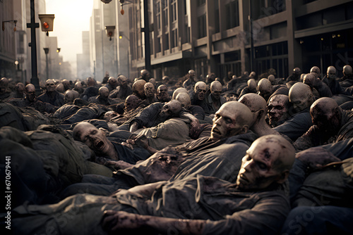 Zombie horde sleeping on a city street at day time. Not based on any actual person, scene or pattern. photo