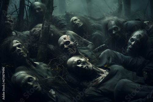 group of zombies sleeping on the summer forest floor one over another. Not based on any actual person or scene.