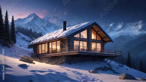 Winter skiing mountain cottage scene surrounded by snow covered in the Alps.