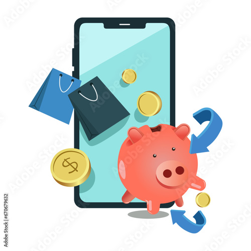 Pink pig piggy bank, gold coins or dollar money, shopping bag, floating in the air, blue arrows and all this appears on the smartphone screen, vector for cashback advertising design