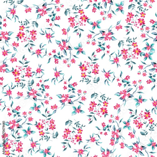 Watercolor flowers pattern, pink tropical elements, green leaves, white background, seamless
